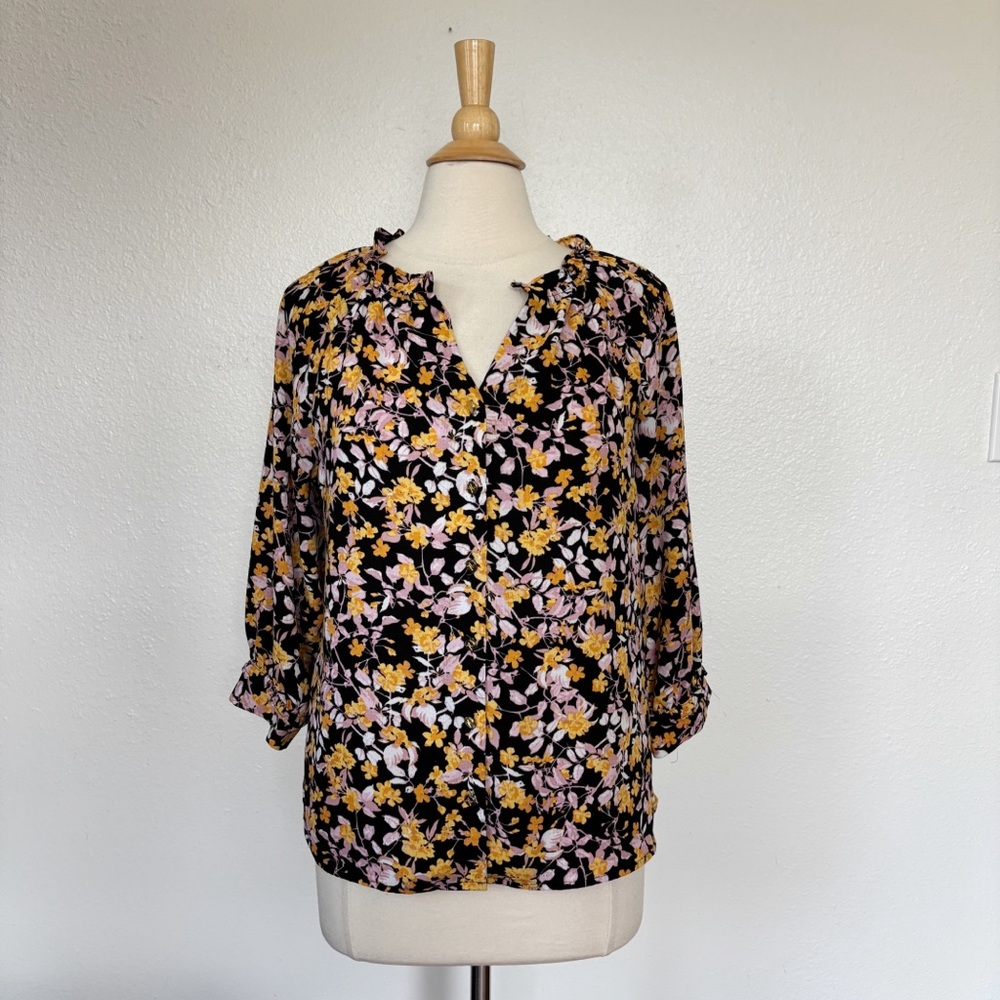 Black, Yellow, & Pink Floral Ruffle V-Neck Button Front Blouse